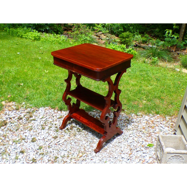 Brown Antique Mahogany Empire Victorian Gothic Revival Trestle Lyre Nightstand Table For Sale - Image 8 of 18