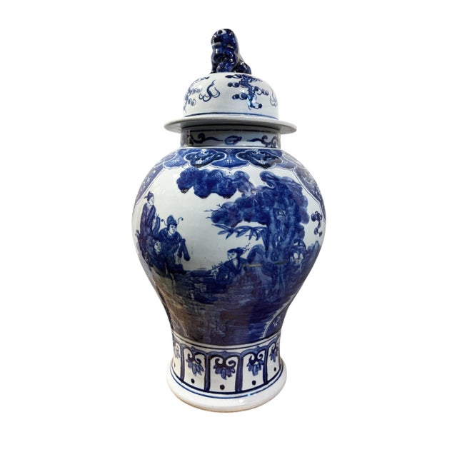 1980s Vintage Lg Chinoiserie Cobalt Blue & White Temple Ginger Jar 23" H For Sale - Image 5 of 12
