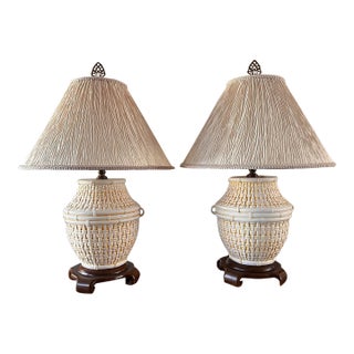 Vintage Wildwood Accents Ceramic Chinoiserie Basket Weave Lamps- A Pair For Sale