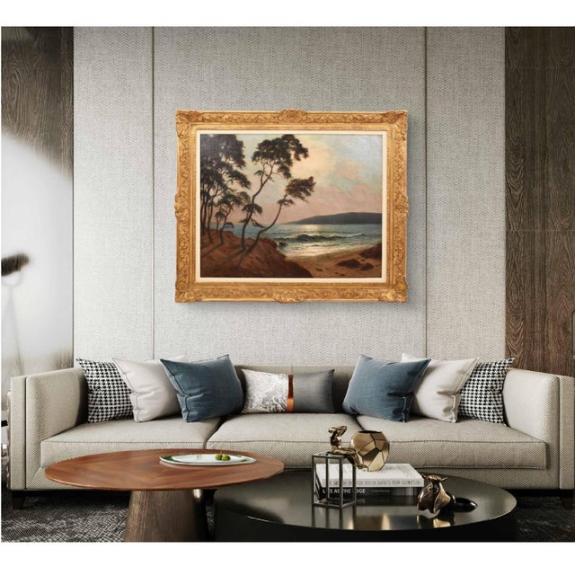 This is an Antique Landscape Painting, Seascape Painting, Marina at sunset. Depicting a glimpse of coastline with maritime...