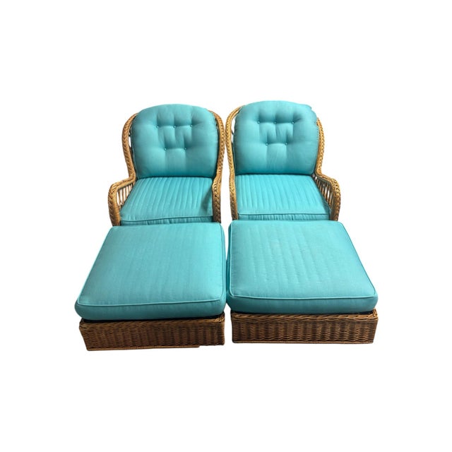 McGuire wicker chairs with ottomans. Beautiful teal cushions included. Ottoman dimensions: Width: 23.5 inches Depth: 23.5...