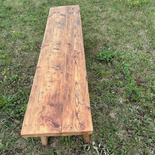 Wood Vintage Rustic Pine Bench With Trestle Base For Sale - Image 7 of 11