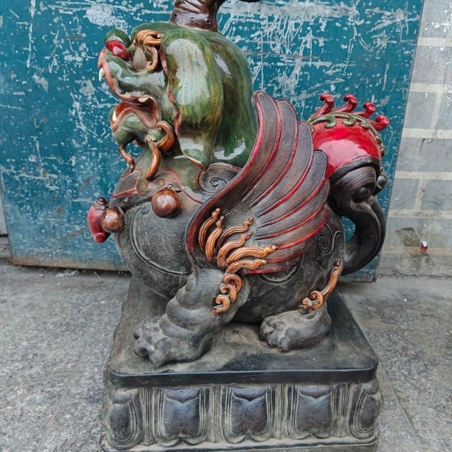Mid 20th Century Monumental Pair of Vintage Chinese Shiwan Pottery Temple Lions (Pixiu) | Large Guardian Foo Dogs For Sale - Image 5 of 6
