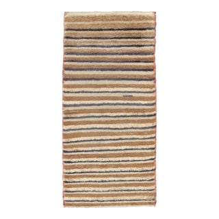 Mid 20th Century Turkish Angora Tulu Vintage Rug With Stripe Pattern Light Brown & Navy Blue For Sale
