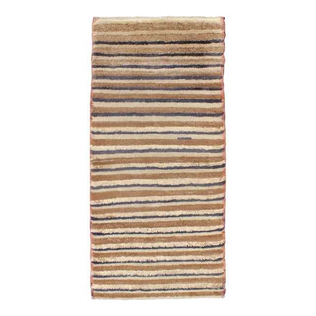 Mid 20th Century Turkish Angora Tulu Vintage Rug With Stripe Pattern Light Brown & Navy Blue For Sale