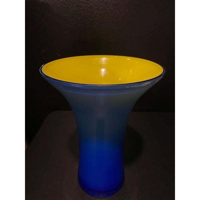 Mid-Century Modern Mid 20th Century Blue and Yellow Holmeggard Trumpet Vase For Sale - Image 3 of 4