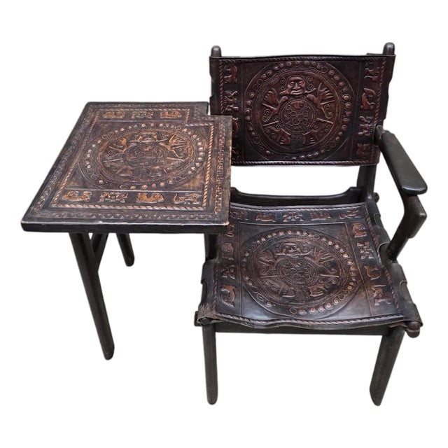 Vintage Rustic Tooled Leather Primitive Gossip Chair by Angel Pazmino For Sale