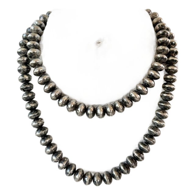 Vintage Navajo Sterling Silver Pearls With Stamp Design, 32” Long Necklace For Sale