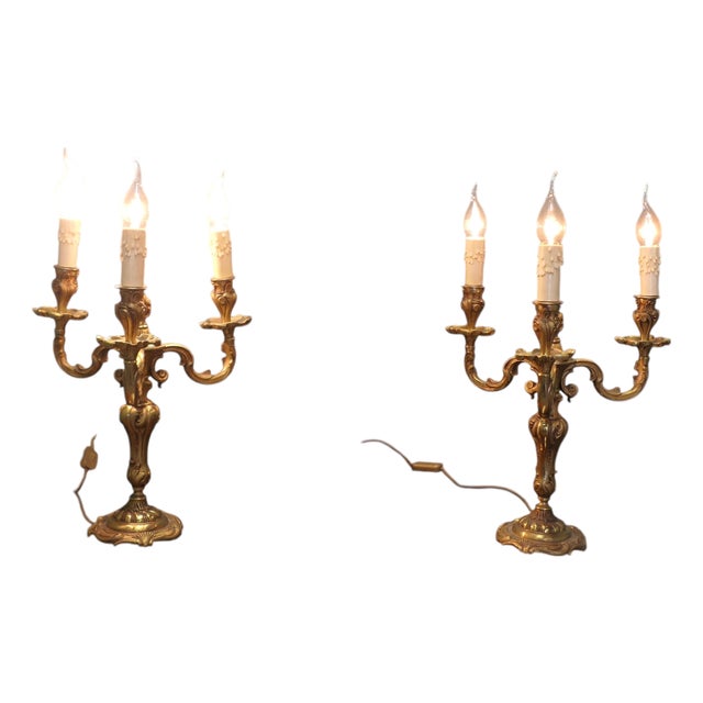 Large Brass Three Branch Table Lamps Candelabra, 1930, Set of 2 For Sale