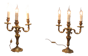 Large Brass Three Branch Table Lamps Candelabra, 1930, Set of 2