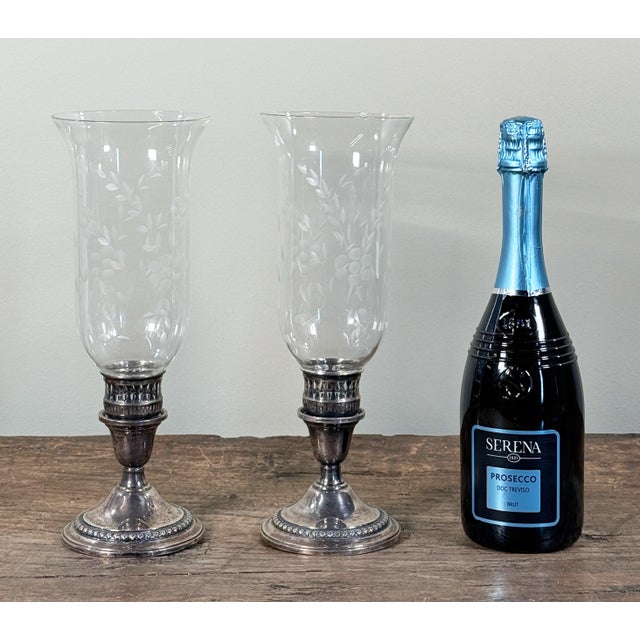 Silver International Sterling Silver Etched Crystal Hurricane Candlesticks – A Pair For Sale - Image 8 of 12