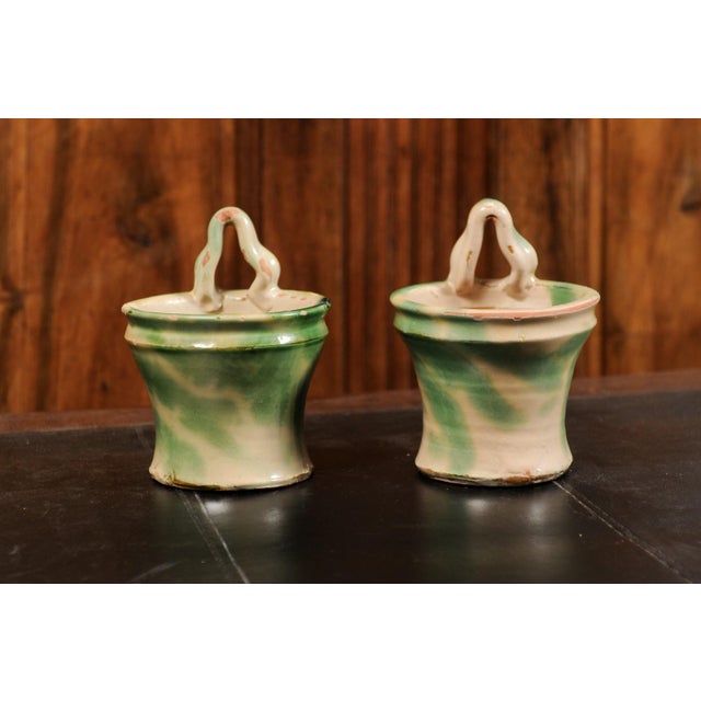 French 19th Century Green and Yellow Glazed Pottery Hanging Planters - A Pair For Sale - Image 9 of 13