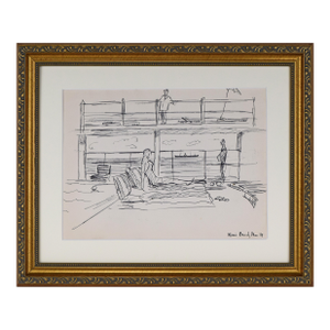 Vintage Mid Century Miami Beach Sunbather Pen & Ink Drawing Emilie Walker 1959