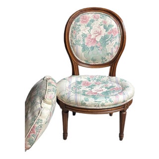 Vintage Louis XVI Style Slipper / Chauffeuse Chair With Floral Upholstery For Sale