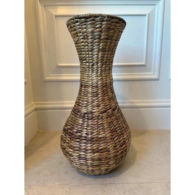 Terrific Large Natural Woven Seagrass Vase. Great elongated and flared gourd shape. Architecturally sturdy, with seagrass...