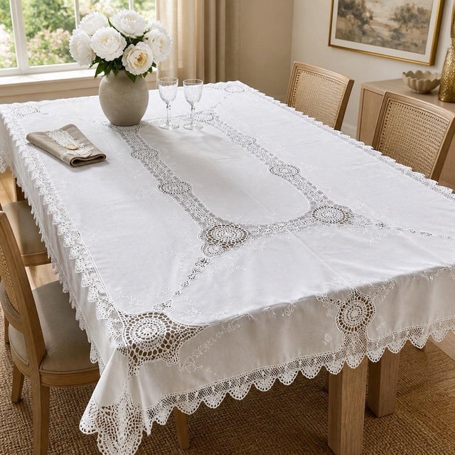 Victorian Vintage Battenburg Lace Tablecloth & 12 Napkins Set, 100” X 63”, Formal Dining | Holiday Table For Sale - Image 3 of 12