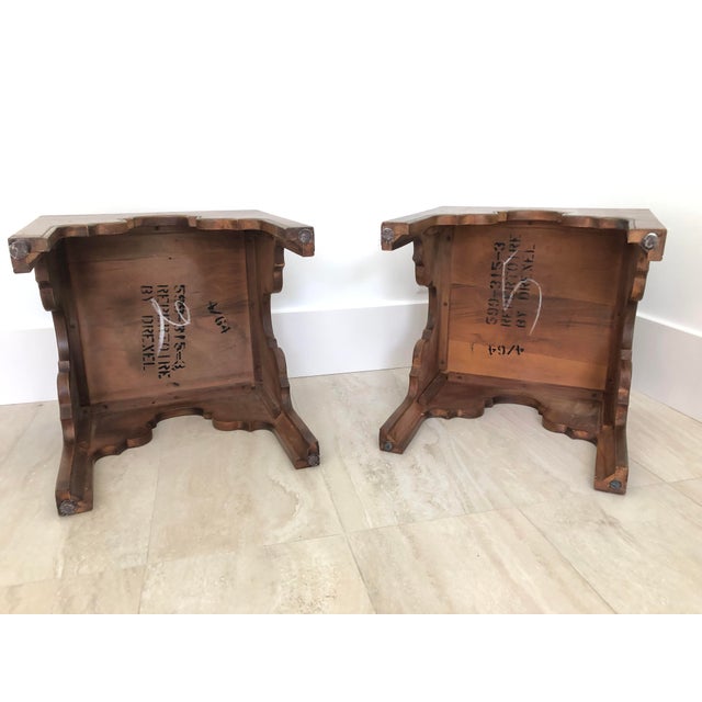 Chestnut 1960s Pair Vintage Drexel Burled Carpathian Elm End Tables For Sale - Image 8 of 8