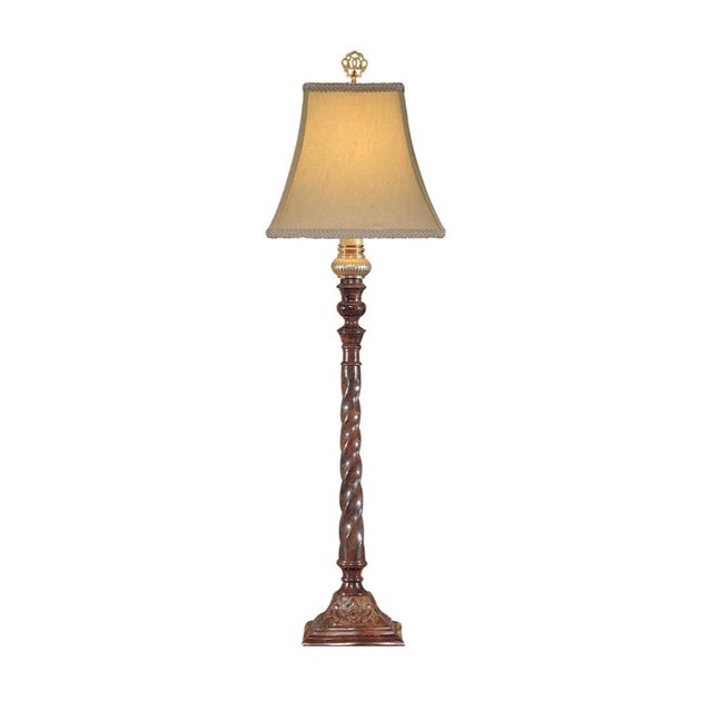 Woodtones and oxide on cast brass 32h x 5.5w x 5.5d Shade Dimensions: top(5 x 5) bottom(9 x 9) side(8.5)
