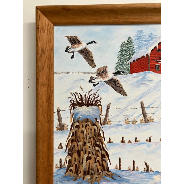Original winter landscape painting signed S. Nelson, depicting a classic rural farmhouse scene with flying Canada geese, a...