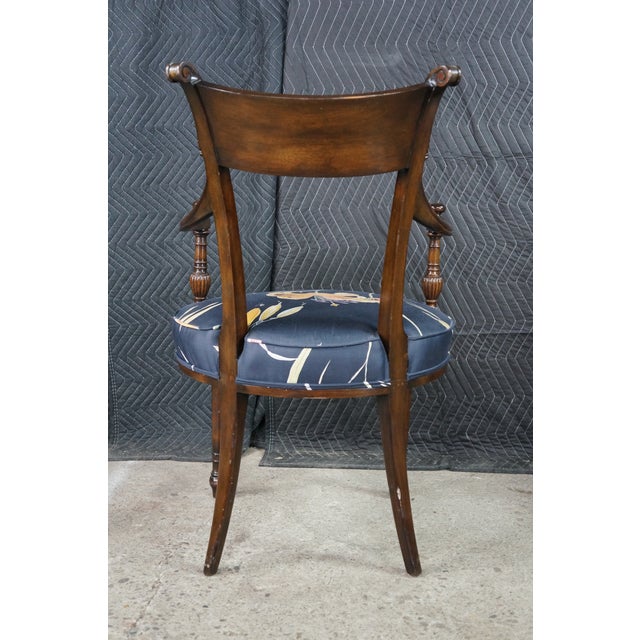 2 Antique English Sheraton Regency Style Mahogany Inlaid Floral Silk Arm Chairs For Sale - Image 17 of 18