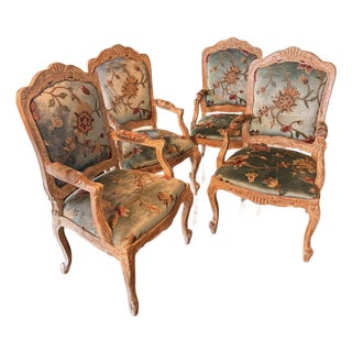 Set 4 Vintage Massay France Import Embroidered Velvet Fabric Dining Chairs For Sale