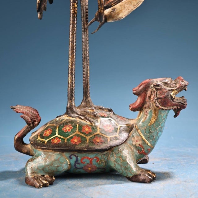 Blue Antique Chinese Cloisonné & Bronze Crane Turtle Candle Holder - 5.5 LBS For Sale - Image 8 of 9