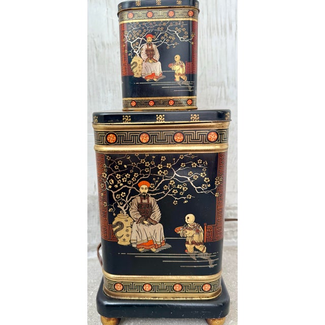Vintage Mid-Century ‘Frederick Cooper Style’ Tole Painted Stacked British Tea Canisters Table Lamp For Sale - Image 9 of 12