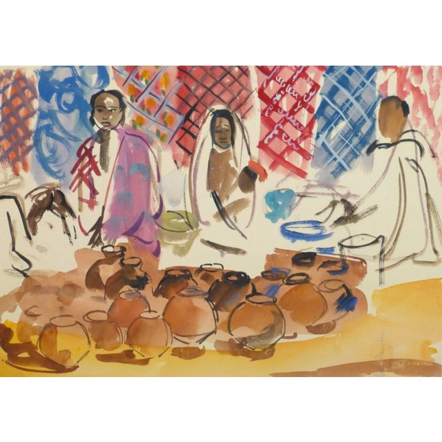 1950s Stephane Magnard, French Watercolor - Village Vendors at the Outdoor Market For Sale - Image 5 of 5