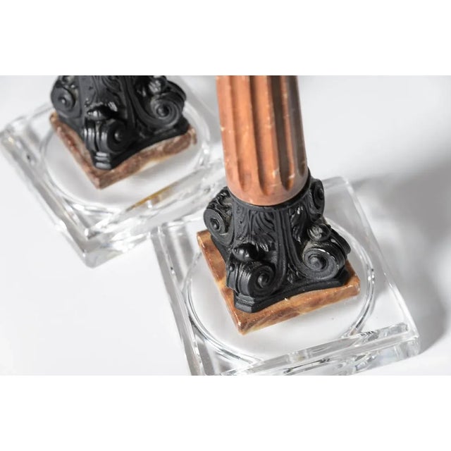 French Antique Pair of Column Marble & Glass Candlesticks/Candleholders For Sale In West Palm - Image 6 of 13