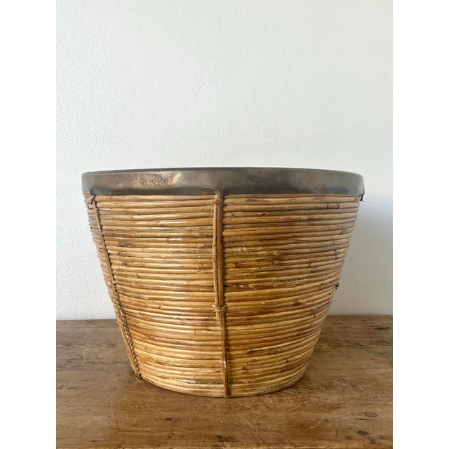 Vintage Boho Monumental Brass Rimmed Pencil Reed Bowl For Sale - Image 12 of 12
