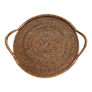 Vintage Large Rattan Wrapped Round Tray For Sale