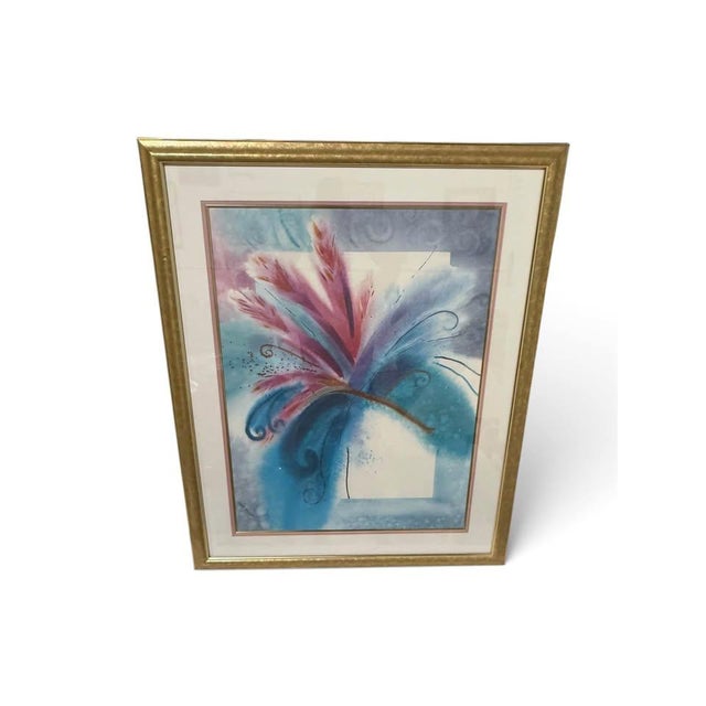 A beautiful vintage framed abstract floral print featuring expressive botanical forms in soft blue, teal, pink, lavender,...