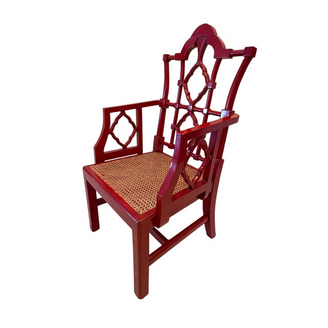 1990s Chippendale Cane Seat Red Lacquer Armchair For Sale - Image 5 of 10