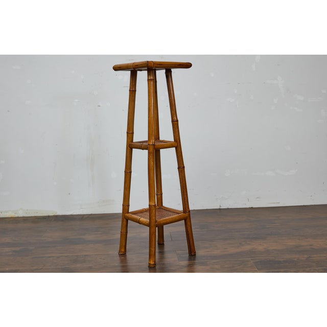 Rustic 1920s English Walnut Faux Bamboo Stand with Rattan Top and Two Shelves For Sale - Image 12 of 12