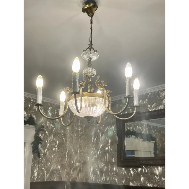 Art Nouveau Chandelier with Glass Bowl and Brass Fish, 1915 For Sale - Image 4 of 9