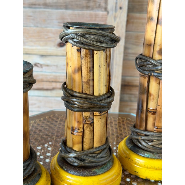 Set of Three Vintage Scorched Bamboo and Rattan Wrapped Candlesticks For Sale - Image 4 of 12