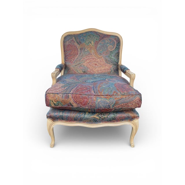 Custom Upholstered Paisley French Country Bergere Chair and Ottoman by Beverley Interiors "Stewart Collection" For Sale - Image 10 of 13