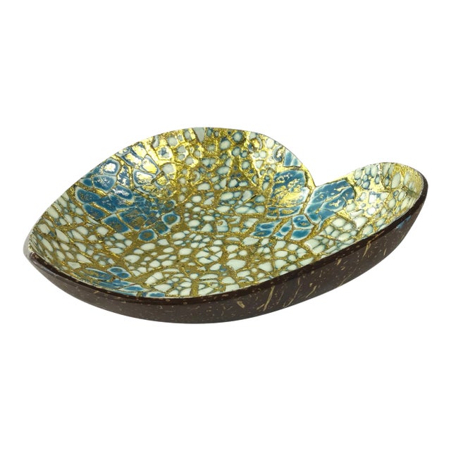 Artisan Painted Abstract Heart Shape Coconut Trinket Dish For Sale