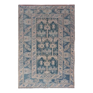 Blue and Cream Turkish Oushak Rug Vintage With All-Over Motif Design 3'11"x6'3" For Sale