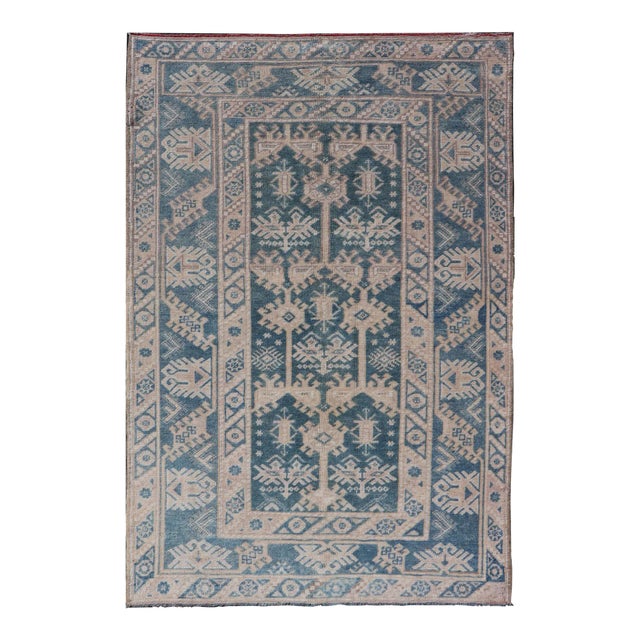 Blue and Cream Turkish Oushak Rug Vintage With All-Over Motif Design 3'11"x6'3" For Sale