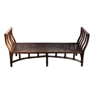 Brown Rattan Caned Long Bench W/ Cusion For Sale