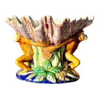 Vintage Boho Glazed Ceramic Monkey Centerpiece For Sale