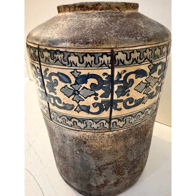 Late 20th Century Vintage Mediterranean Ceramic Vessel, Blue and White Decorative Band For Sale - Image 5 of 8