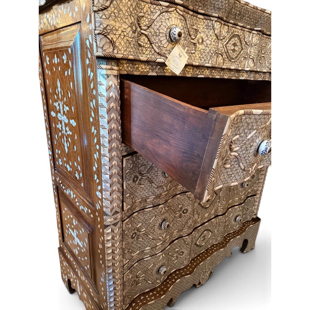 Moorish Bone, Abalone & Mother-of-Pearl Inlaid Marble-Top Chest, C. 1910 For Sale - Image 4 of 8