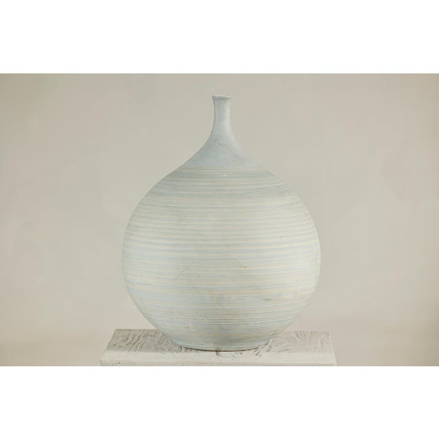 Ceramic Large Artisan Unglazed Ceramic Vase with Pale Blue White Ribbed Finish For Sale - Image 7 of 13