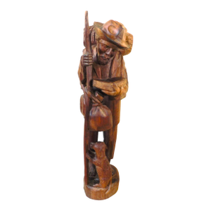 Large Vintage Carved Wood Traveler Man W/ Dog Wooden Indoor Outdoor Garden Statue
