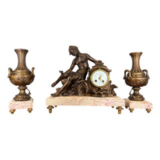 French Art Nouveau Style Bronze Mantel Clock Garniture For Sale