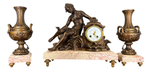 French Art Nouveau Style Bronze Mantel Clock Garniture