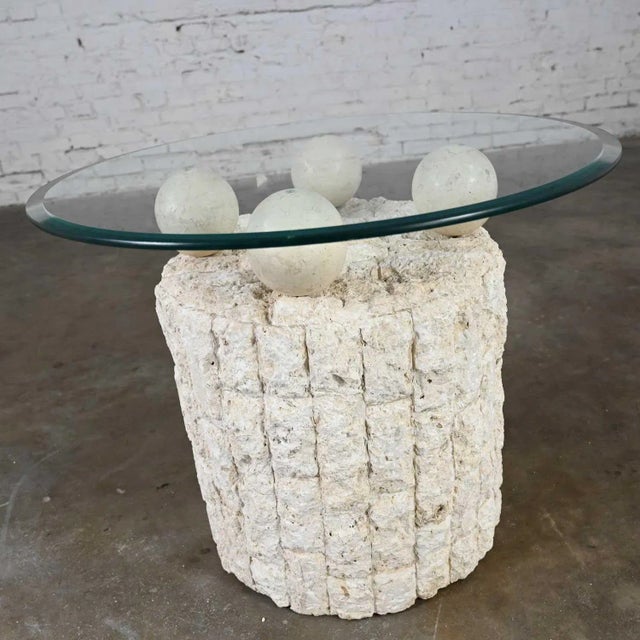 Postmodern Postmodern Round Tessellated Mactan Stone Base Side Table With 4 Spheres Glass Top Style Maitland Smith For Sale - Image 3 of 12