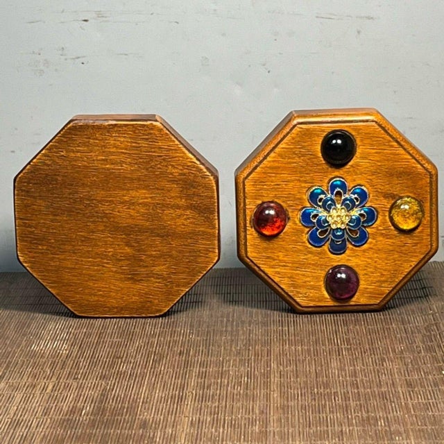 Wood Vintage Rosewood Octagonal Box With Cloisonné Flower & Gemstone Inlay For Sale - Image 7 of 8